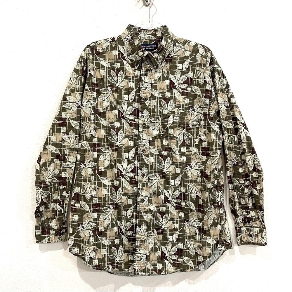 Roundtree & Yorke Leaf Print Geometric Long Sleeve Button Down Shirt - Large